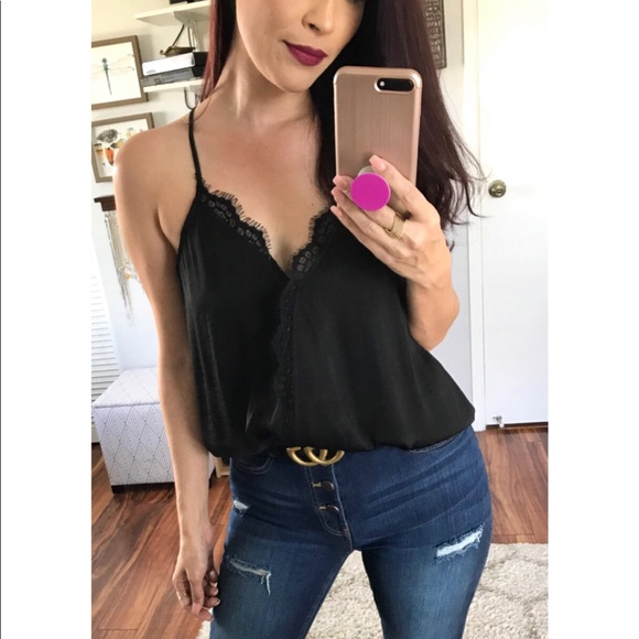 Tops - Lotus Cross Front Lace Camisole | Black